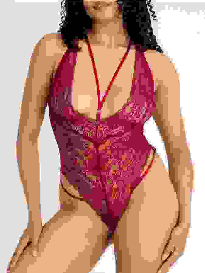 Lovehoney Late Night Liaison Wine Crotchless Lace Teddy, Red, hi-res